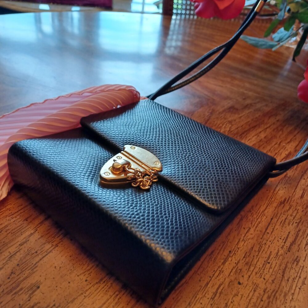 Vintage Black Crocodile Coquette Mini Messenger Bag w/ Baby Pink Twilly